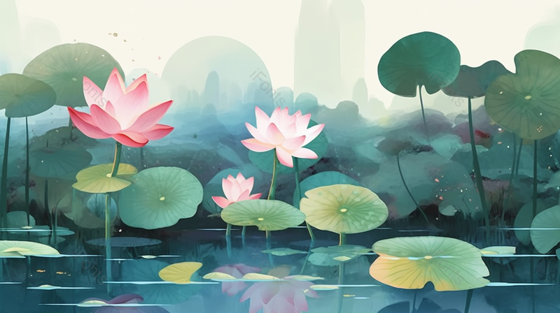 夏季塘里盛开的莲花,插画/手绘图,插画/手绘图库,插画/手绘图下载,插画/手绘